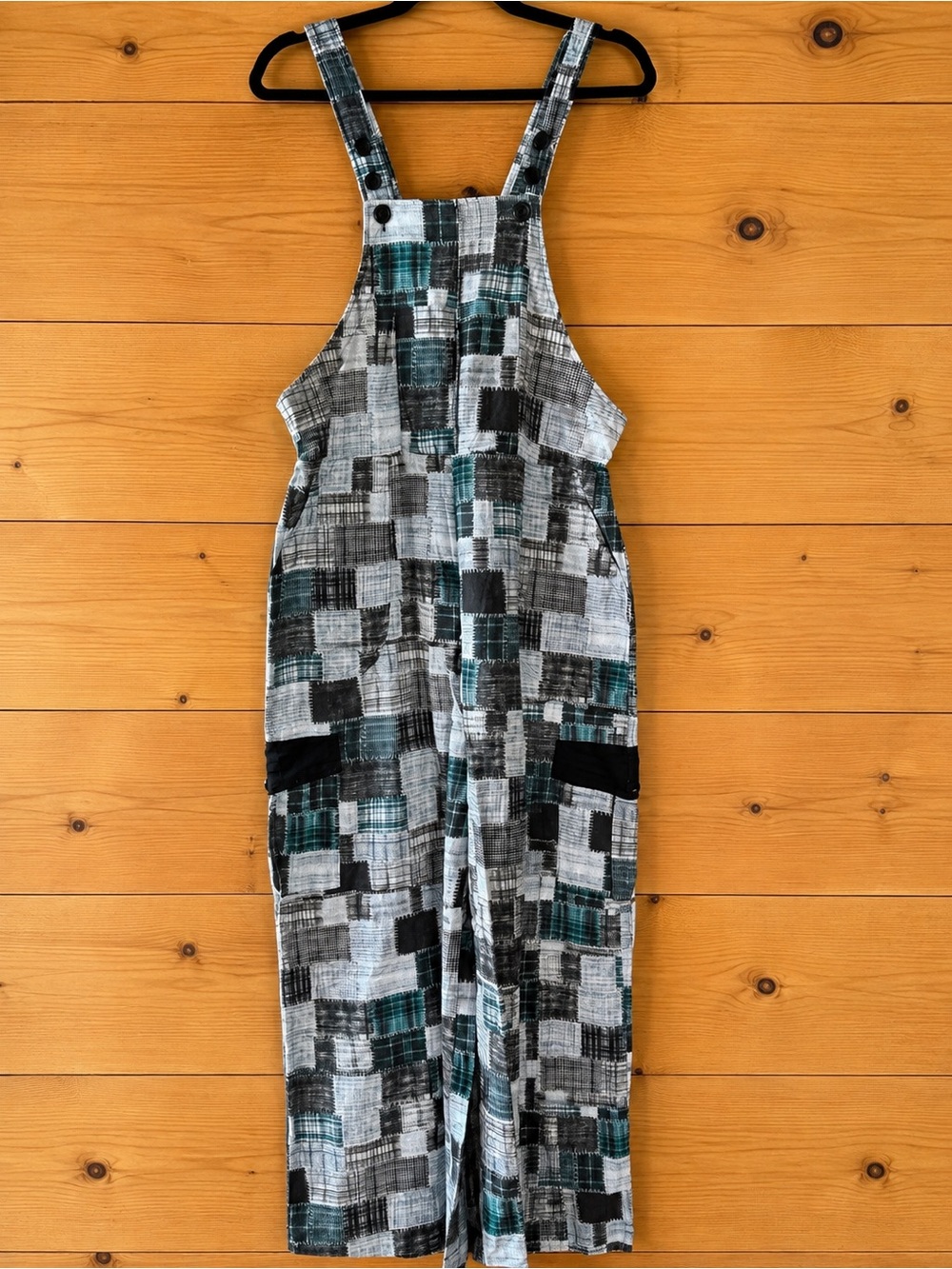 Plaid Patchwork Wide-Leg Jumpsuit - Black Gray Teal